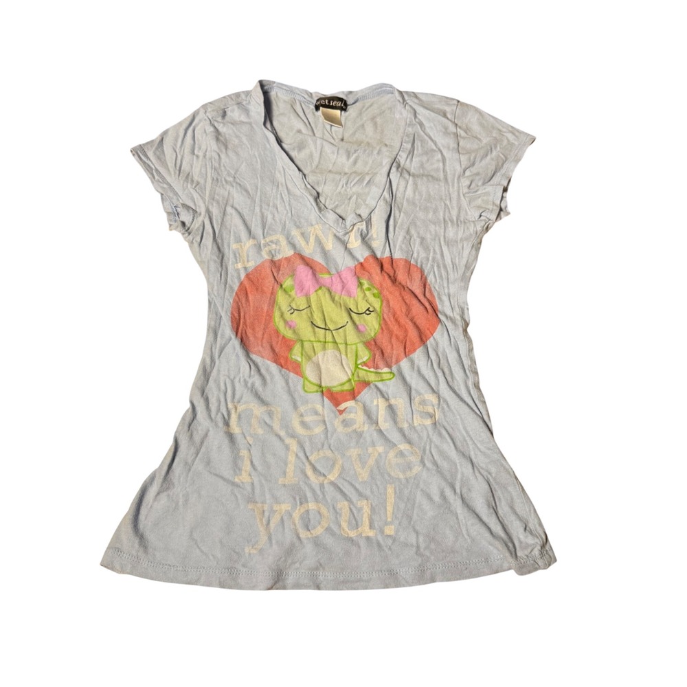 Wet Seal Y2K Rawr Means I Love You Dinosaur Graphic V-Neck Tee